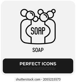 Natural soap with bubbles thin line icon. Modern vector illustration.