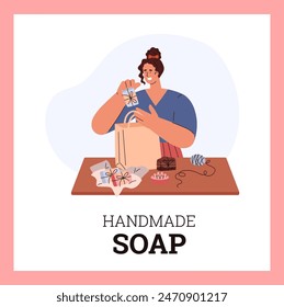 Natural soap. Illustration of a woman packaging and putting handmade soap into a bag. The process of manufacturing and packaging for sale. Advertising flyer design, space for text. Flat style.