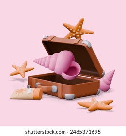 Natural souvenirs from coast. Realistic open suitcase, large seashell, starfish, suntan lotion