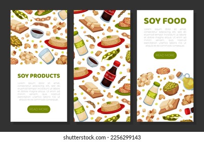 Natural Soy Products Banner Design with Soy Bean, Tofu and Sauce Vector Template