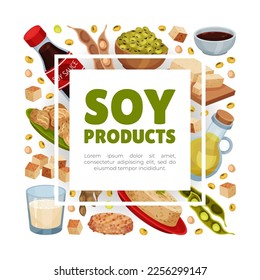 Natural Soy Products Banner Design with Soy Bean, Tofu and Sauce Vector Template