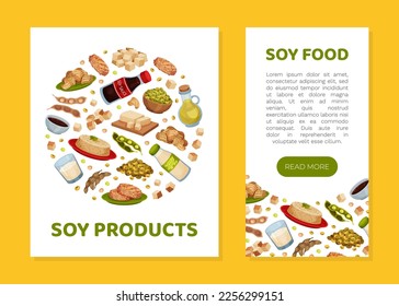 Natural Soy Products Banner Design with Soy Bean, Tofu and Sauce Vector Template