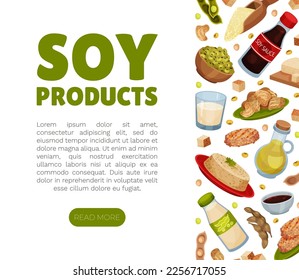 Natural Soy Products Banner Design with Soy Bean, Tofu and Sauce Vector Template