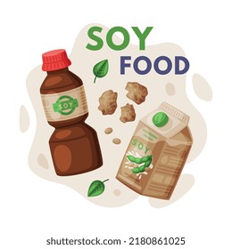 Natural Soy Products from Soybean Plant with Milk in Carton and Sauce in Bottle Vector Composition