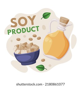 Natural Soy Products from Soybean Plant with Oil in Glass Jar and Tofu in Bowl Vector Composition