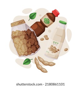Natural Soy Products from Soybean Plant with Meat, Sauce and Milk in Bottle Vector Composition