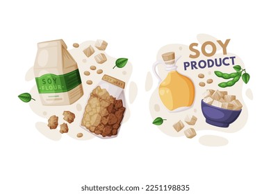 Natural Soy Products from Soybean Plant with Tofu, Oil, Meat and Flour Vector Composition Set