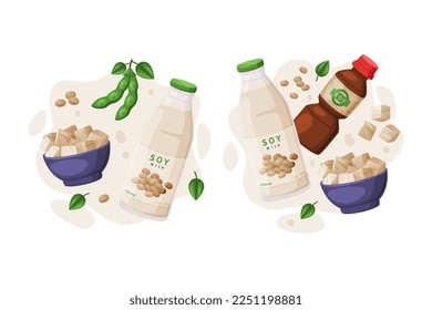 Natural Soy Products from Soybean Plant with Tofu, Milk Bottle and Sauce Vector Composition Set