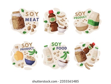 Natural Soy Products from Soybean Plant with Meat, Sauce, Flour and Milk Vector Composition Set