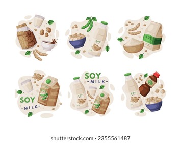 Natural Soy Products from Soybean Plant with Meat, Sauce, Tofu and Milk Vector Composition Set