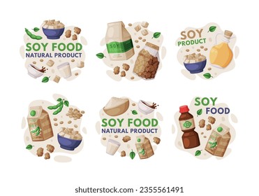 Natural Soy Products from Soybean Plant with Tofu, Milk, Oil and Sauce Vector Composition Set