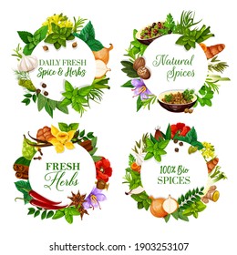 Natural spices and aromatic kitchen herbs round banners. Peppermint, mustard and rosemary, onion, garlic and pepper, coriander, dill and bay leaf, saffron, nutmeg and turmeric, vanilla, anise vector