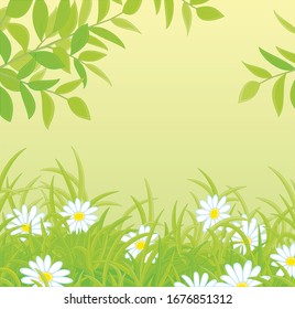 Natural spring background with green tree branches over beautiful white flowers among thick green grass