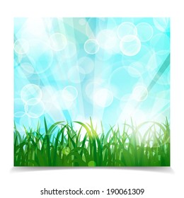 natural spring green Background With Green Grass, sun rays And bokeh lights, Vector Illustration