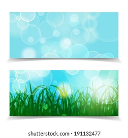 natural spring green Background With Green Grass And bokeh lights banner set. Abstract spring natural header background.