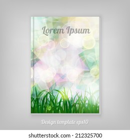 natural spring green Background With Green Grass And bokeh lights cover design. Abstract spring stationery design.