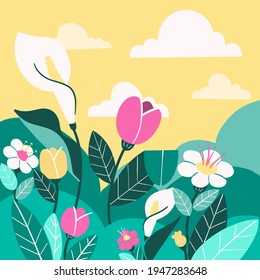 Natural Spring Hill Background Premium Template Doodle Drawn Illustration