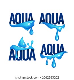 Natural Spring Water Splashes and Waves, Vector  Logo, Labels and Stickers Templates With Aqua Drops