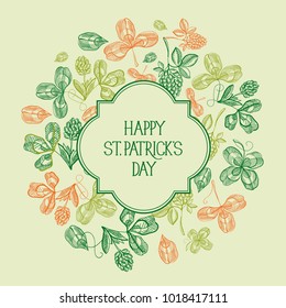 Natural St Patricks Day template with inscription in frame and sketch shamrock and four leaf clover vector illustration