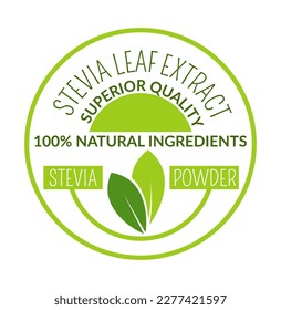 Extracto natural de hoja de estevia, ícono aislado con polvo y calidad superior de los ingredientes. Nutrición y alimentación equilibrada. Etiqueta o logotipo, logotipo o emblema para el paquete. Vector de estilo plano