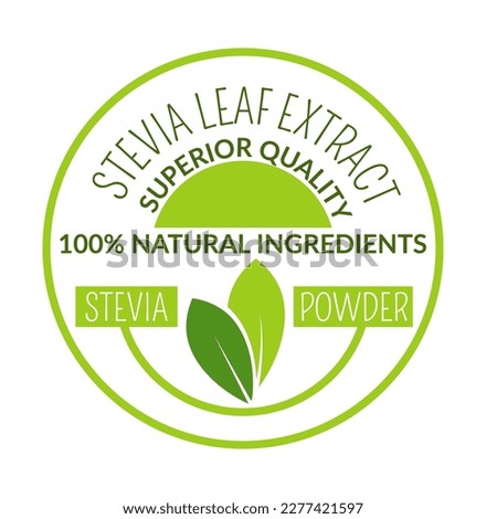 Natural stevia leaf extract, isolated icon with powder and superior quality of ingredients. Nourishment and balanced eating. Label or logotype, logo or emblem for package. Vector in flat style