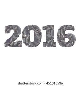 Natural stone number 2016 design of grey striped minerals of different shape on white background vector illustration 