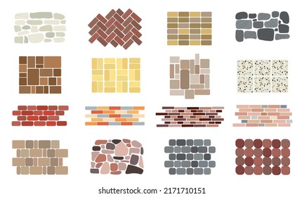 Natural stone textures. Italian square stones wall, granite block and cobble rock floor. Interior terrazzo pattern tiles, cartoon red bricks and marble decent vector set