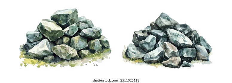 Natural Stones Watercolor Illustration. Hand-Drawn Pile of Rocks as Nature Elements. Solid Rocks for Park, Forest, and Woodland Landscapes