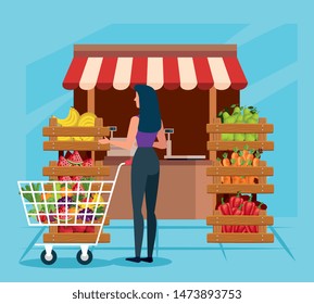 natural store with vegetables and fruits with woman customer