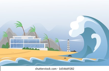 Natural strong disaster with fog and tsunami waves from ocean with house, mountains, palms and lighthouse. Earthquake tsunami wave hits the sand beach vector illustration