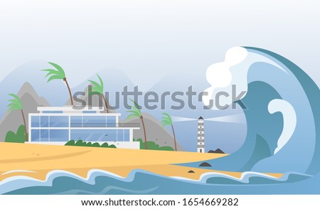 Natural strong disaster with fog and tsunami waves from ocean with house, mountains, palms and lighthouse. Earthquake tsunami wave hits the sand beach vector illustration