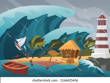 Natural strong disaster with rain and tsunami waves from ocean with wooden dock, house, palms and lighthouse.