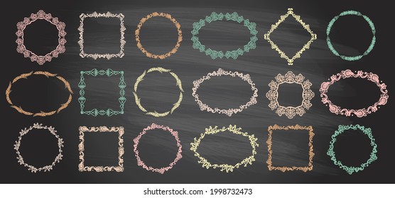 Natural style chalk frames set on a chalkboard backdrop. Vector frames collection decorated maple leaves, ears of wheat, flowers and butterflies, suitable for invitation, cards or text borders.