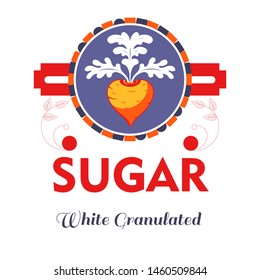 Natural sugar product beetroot vegetable sweetener vector isolated icon or label beet food and drink additive production plantation and, processing organic ingredient emblem or logo white granulated