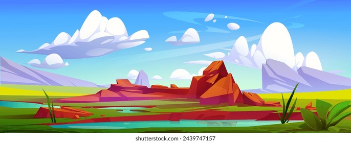 Natural summer day landscape with pond, green grass and brown ground rocks on shore. Cartoon vector illustration sunny countryside scenery with lake and terrain boulders formation, clouds on blue sky.