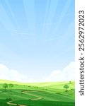 Natural summer landscape in the countryside. Green hills with trees and bushes. A path running through the field. Clear blue sky, sunny day. Vector illustration. 