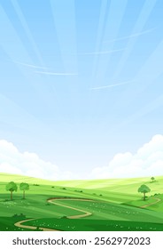 Natural summer landscape in the countryside. Green hills with trees and bushes. A path running through the field. Clear blue sky, sunny day. Vector illustration. 