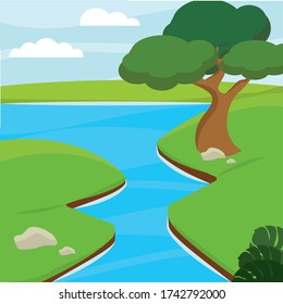 Paisaje natural de verano con un río - Ilustración vectorial