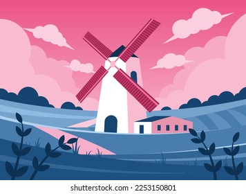 Paisaje natural de verano con un molino de viento tradicional al atardecer. Ilustración del vector