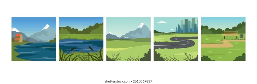 Natural Summer Landscape View and Scene of Field and City Vector Set