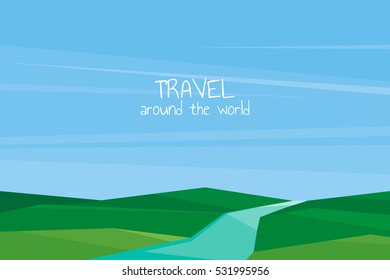 Natural summer vector landscape. Hills and river.