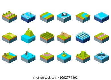 Natural summer and winter landscape set, design elements for computers game interface vector Illustrations on a white background