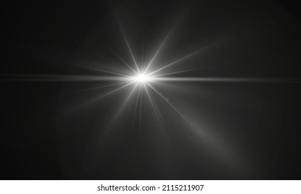 Natural, sun glare on a black background.
A star in the haze. Glowing isolated white transparent light effect, glare.