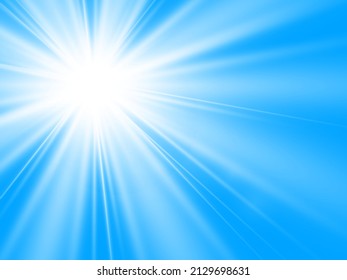 Natural sun glare on a blue background.Sunlight.Glowing isolated white transparent light effect, glare.