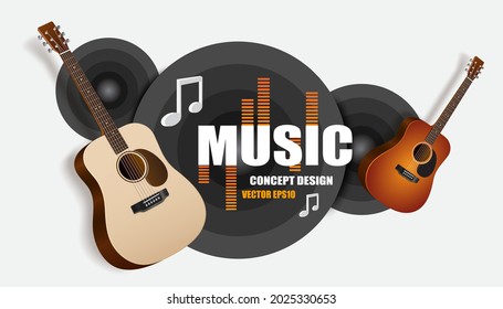 Natural and sunbird acoustic guitars and black speakers float in the air for music template concept design,vector 3d isolated on white background