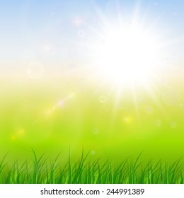Fondo natural soleado, ilustración vectorial verde primavera.