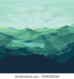 natural sunrise in green forest vector art eps