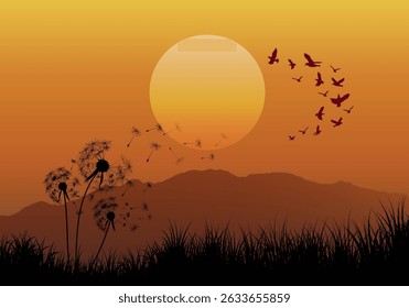 natural sunset landscape background with dandelion