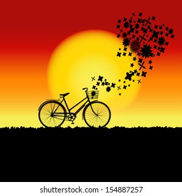 Natural sunset landscape with bicycle and flowers silhouette. Vector