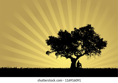 Natural Sunset Landscape With Man Silhouette